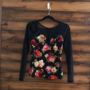 Guess Long Sleeve Floral & Sheer Mesh Top